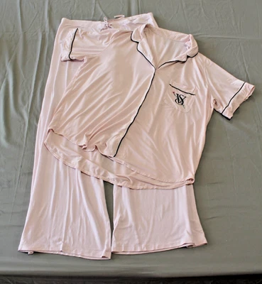 Victoria's Secret Modal Soft Long Pajama Set 2pc Pink Monogram Large **READ** - Image 1 of 4