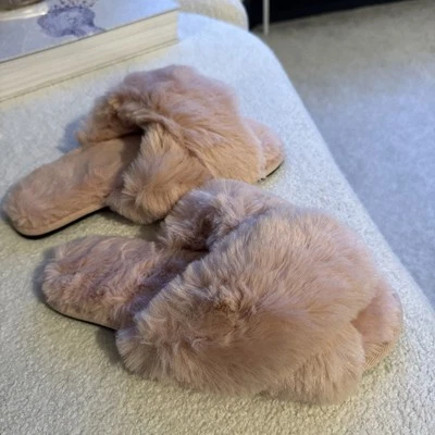 Women's Fur Slippers Fluffy Furry Flip Flop Open Toe Cozy Slip Pink Size 6