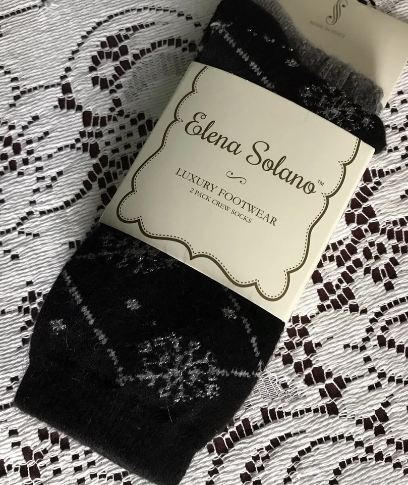 Women’s  Elena Solano Luxury Crew Socks Angora Blend - 2 Pairs Black/Gray New - Image 1 of 4