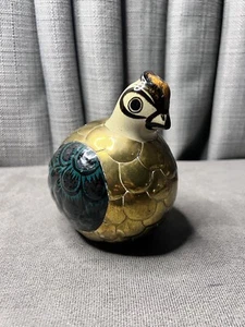 VTG Tonala Villianlieva Signed Ceramic Pottery Brass Armored Quail Bird Mexico - Picture 1 of 10