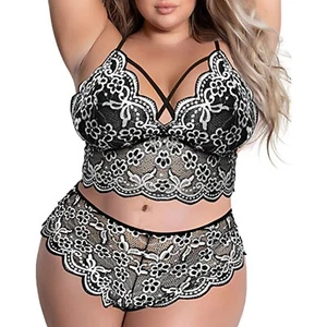 Plus Size Sexy Lingerie V Neck High Waist Floral Lace Criss Cross Bra And Panty - Picture 1 of 25