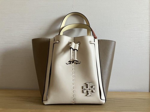 TORY BURCH Borsa tote in pelle bicolore con tracolla beige tortora