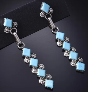 Silver & Turquoise Zuni Handmade Long Earrings by Olivia Qualo 5G16O - Foto 1 di 6