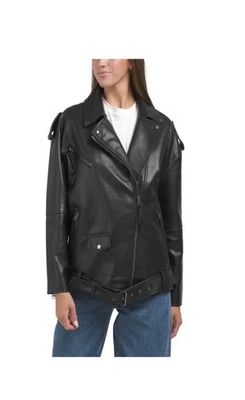 Chaqueta negra de moto de cuero vegano de gran tamaño Hudson para mujer talla M precio de venta sugerido por el fabricante 328 USD nueva con etiquetas Foto 1 de 4