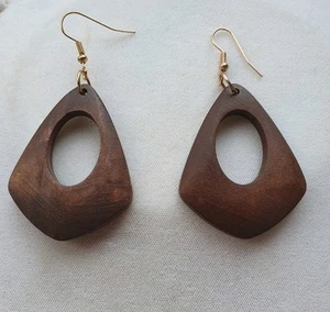 Earrings Dangle Wood upside down kite shaped Hoops Brown Rustic Boho Tribal Gift - Picture 1 of 11