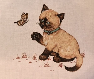 New Cotton Panel Siamese Cat and Butterfly Multicolor on Very Pale Beige 13"x12" - Picture 1 of 16