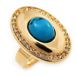 Oval Clear Crystal, Turquoise Stone Ring In Gold Tone - 25mm Across - 7/8 - Picture 1 of 4