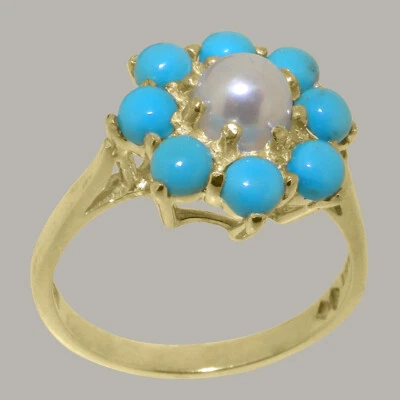 Solid 9k Yellow Gold Pearl & Turquoise Womens Cluster Ring - Sizes 4 to 12 - Image 1 of 4