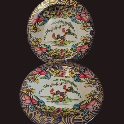 2 Vintage ACTION Industries Brazil Tin Plate Flowers Rooster RETRO - Image 1 of 4