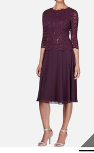 Alex Evenings Dress, New with Tags, Plum, Tea Length. Size 12. Sequined, Formal. - Picture 1 of 10