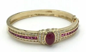 Ladies 14K Yellow Gold Plated Oval Cut Lab Created Ruby Bangle Bracelet - Picture 1 of 3