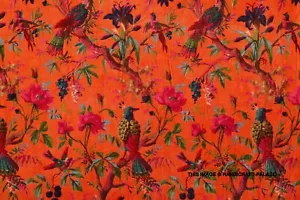 Luxury Soft Velvet Orange Bird Print Fabric Indian Dress Sewing Upholstery Throw - Picture 1 of 5