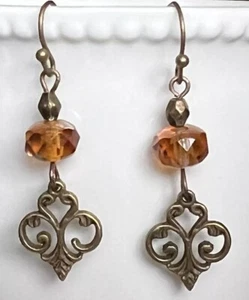 Etched Bronze and Amber Crystal Dangle Earrings. - Picture 1 of 3
