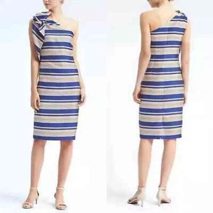 BANANA REPUBLIC One Shoulder Bow Stripe Dress Size 4 NEW - Picture 1 of 8