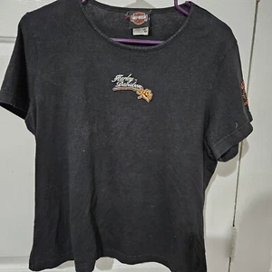 Harley Davidson Shirt Womens Black Short Sleeve Chrystal River XL Measures L - Picture 1 of 4