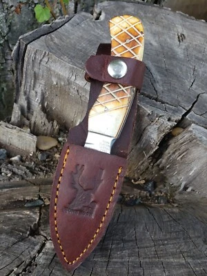 Navaja de bolsillo de hoja fija hecha a mano con mango de hueso de buena calidad con funda de cuero Foto 1 de 4