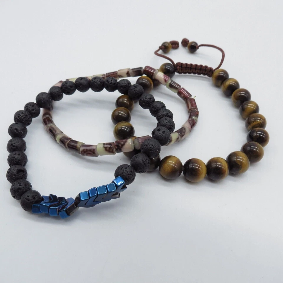 Pulsera 3 Piezas Marrón Negro Cuentas Ojo de Tigre, Roca de Lava, Cuentas de Vidrio Boho 7" Foto 1 de 4