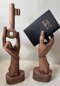 Vtg Wood Carved Christian Sculptures 14” Holy Bible & Key - Picture 1 of 7
