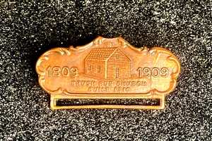 Antique 1909 BRUSH RUN CHURCH Centennial Brass Pinback/Frieze of Original Church - Picture 1 of 4
