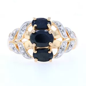 Sterling Sapphire & Diamond Three-Stone Ring 925 Gold Plated Oval 2.20ctw Sz 10 - Picture 1 of 9