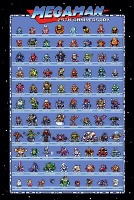 Mega Man 25th Anniversary Retro Style Poster - All Robot Masters 1 - 10 + More