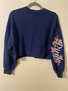 Womens Navy Blue VS PINK Victoria’s Secret Floral Cropped Sweatshirt Size XS - Picture 1 of 4