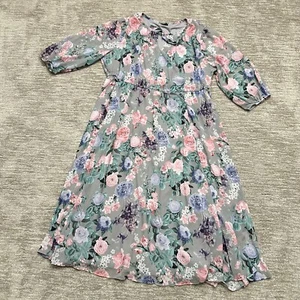 Torrid Dress Womens Plus Size 2 Gray Pink Floral Tea Length 3/4 Sleeves Pockets - Picture 1 of 16