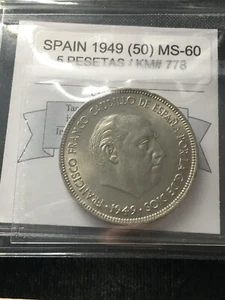 1949 (50)  Spain,  5 Pesetas  Coin Mart Graded**MS-60** KM# 778 - Picture 1 of 8
