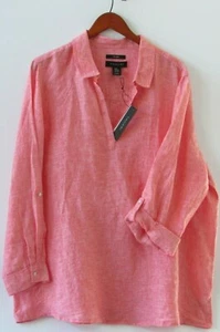 TAHARI Poppy White Heather 100% Linen ROLL-TAB SLEEVE Top Shirt Size 1X NWT - Picture 1 of 4