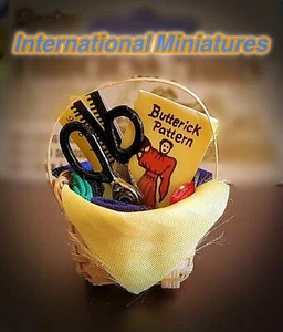 DOLLHOUSE MINIATURE SEWING BASKET w/ PATTERN, TAPE MEASURE, SCISSORS, FABRIC+ - Picture 1 of 10