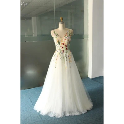 Sweet White Lace Embroidery V Neck Wedding Dress A-line Backless Floor-length  - Image 1 of 4