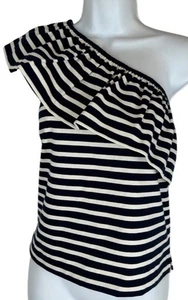 J Crew Top Size XS Navy Blue White Stripe One Shoulder Ruffle Tier Layer - Picture 1 of 5