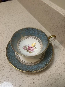 Aynsley Blue & GOLD LEAF & FLORAL Footed Cup & Saucer Set ~ England - Picture 1 of 8