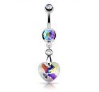 Surgical Steel Crystal Prism Heart Dangle Belly Piercing Bar / Navel Ring