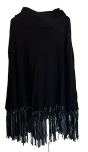 NWT SAKS FIFTH AVENUE Turtleneck Sweater Cape with Leather Fringe size S - Picture 1 of 3