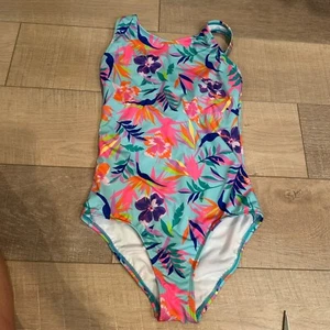 LANDS END GIRLS ONE PIECE SWIM BATHING SUIT GREEN FLORAL SIZE 14 - Picture 1 of 5