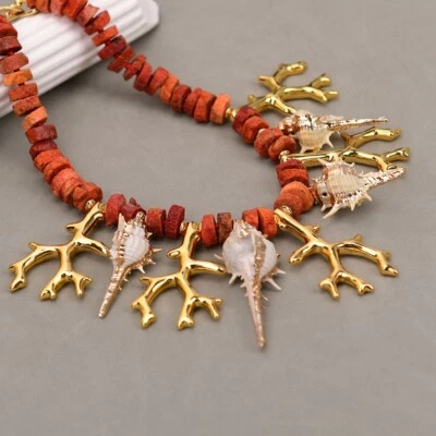Collar Natural Rojo Naranja Coral Bambú Rama Resina Dorada Colgante Concha de Mar Foto 1 de 4