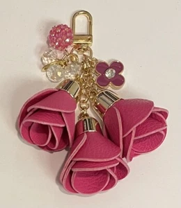 MINI HOT PINK LEATHER ROSES TASSEL DISCO BALL GOLD RHINESTONE BAG PURSE CHARM 5” - Picture 1 of 7