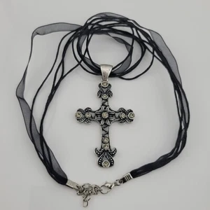 Lia Sophia Multi Strand Black And Silver Tone Cross 17-18" Necklace - Picture 1 of 13