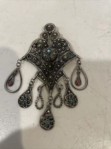 VINTAGE MOROCCAN TRIBAL PENDANT - Turkey Silver Color & Stones Pin Brooch - Picture 1 of 7