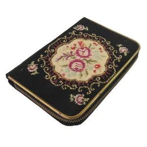 Vintage Black Embroidered Floral Manicure Nail Case, Rose Embroidery Tapestry - Picture 1 of 5