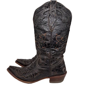 Bota de mujer Pecos Bill talla 8 con incrustación de moca oscura cuero envejecido vaquera occidental - Imagen 1 de 14