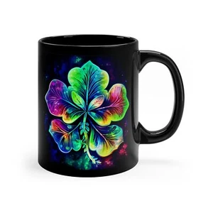 2024 New Year Lucky Clover Colorful botanical Black Mug, Garden plant lovers Cup - Picture 1 of 6