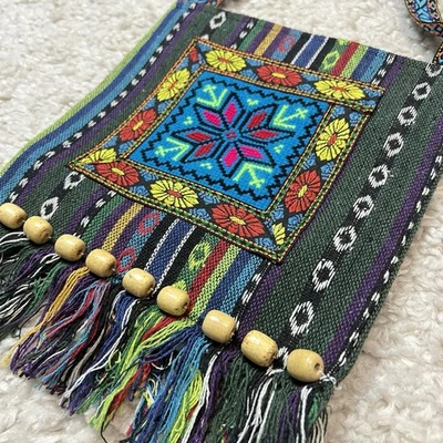Boho Hippie Embroidered Beaded Fringe Tapestry  Crossbody Purse Bag Multicolored - Image 1 of 4
