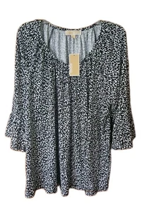 Michael Kors Cotton Animal Print Blouse Top 3/4 Sleeve Black White Plus SZ 2X NW - Picture 1 of 7