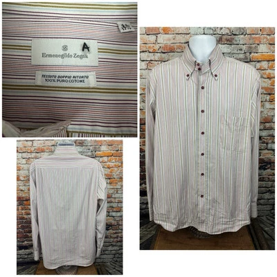 Abito Ermenegildo Zegna a righe camicia bottoni davanti 44-17,5 tessuto doppio ritorto - Immagine 1 di 4