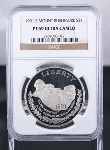 Certified 1991-S Silver $1 NGC PF69 Ultra Cameo Mount Rushmore  - Picture 1 of 4