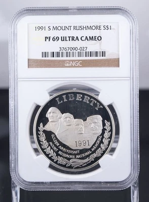 Certified 1991-S Silver $1 NGC PF69 Ultra Cameo Mount Rushmore  - Image 1 of 4