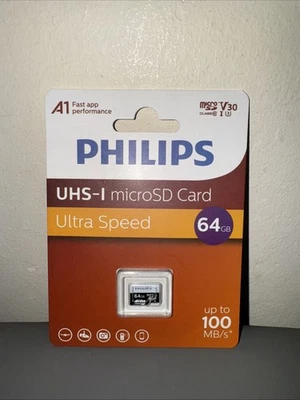 NEW Philips 64GB MicroSDXC Card UHS-I V30 A1 Ultra Speed 100MB/s for Phone Drone - Image 1 of 2