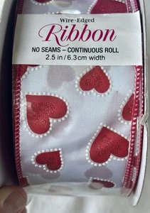 Heart Red White Ribbon Kirkland Wire Edged 2.5" Wired 50 Yds 2+ 1/2" 150 Ft - Bild 1 von 5